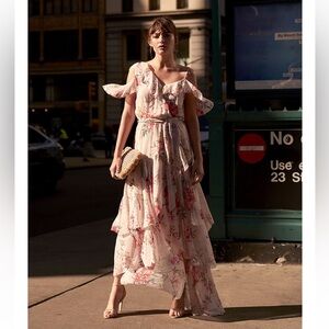 NWT! Joie Cristeta Pink Floral Cold Shoulder High-Low Ruffle Belted Dress